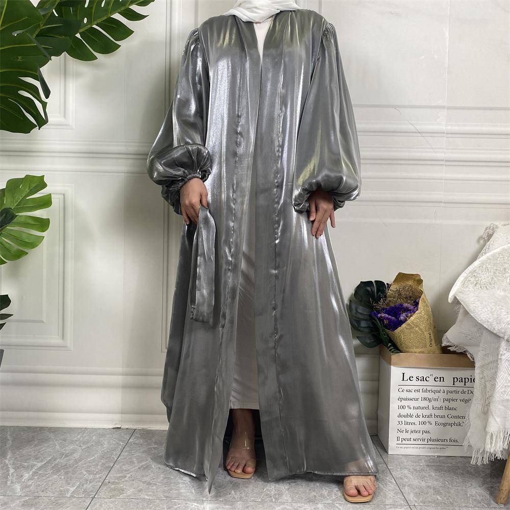 Shiny Silk Balloon Sleeves Lined Cardigan