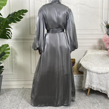 Shiny Silk Balloon Sleeves Lined Cardigan