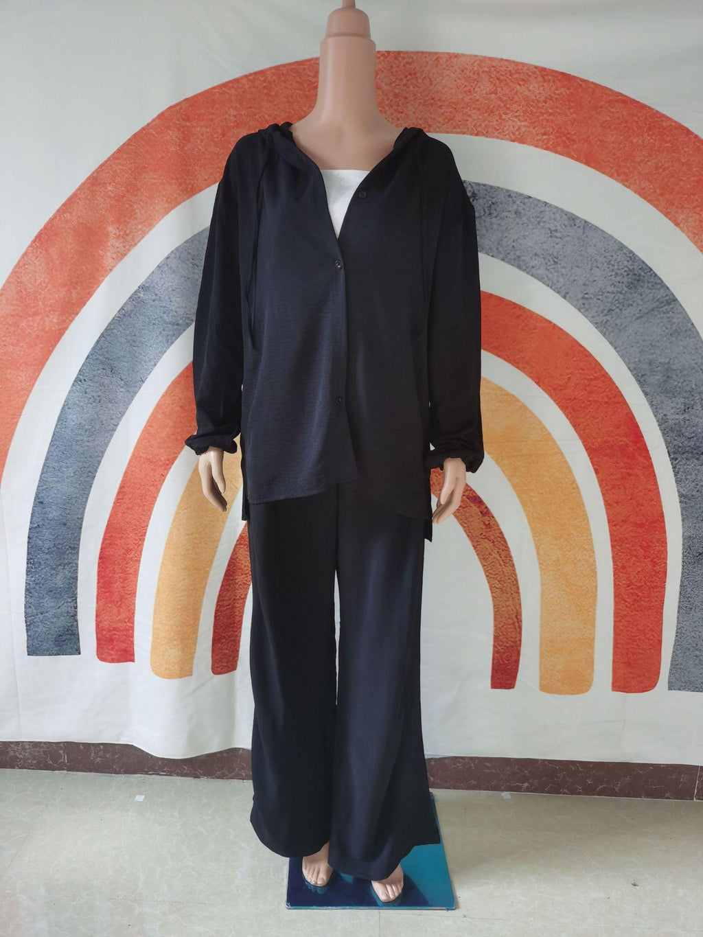 Casual Long Sleeved Hooded Shirt Jacket+straight Leg Pants 2pcs Set