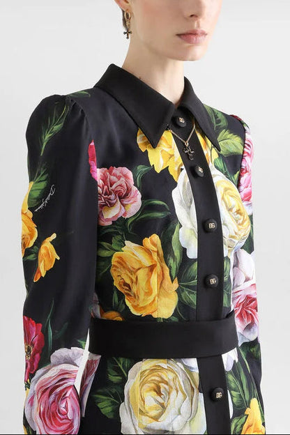 bernice rose print shirt midi dress in black