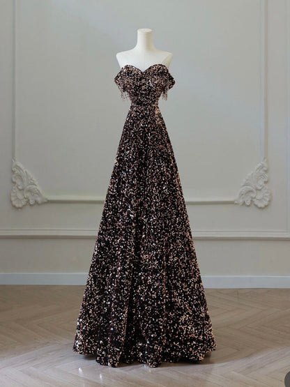 A-Line Off Shoulder Coffee Gold Sequin Dress