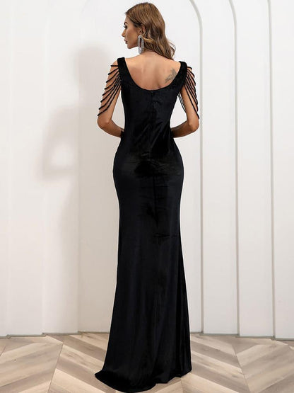 Shouder Chain Split Velvet Prom Dress
