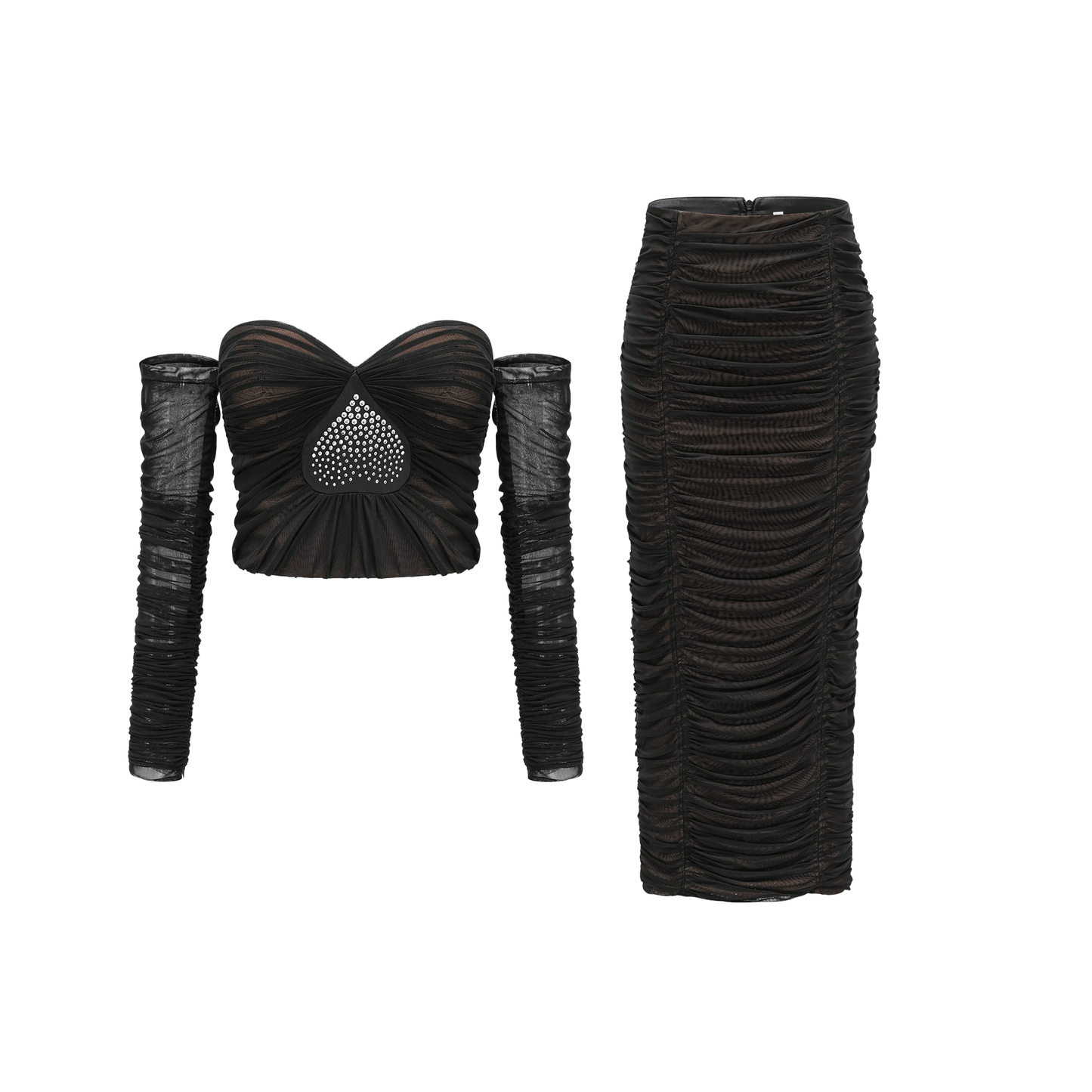 Gwenonwy black ruched mesh top & skirt matching set