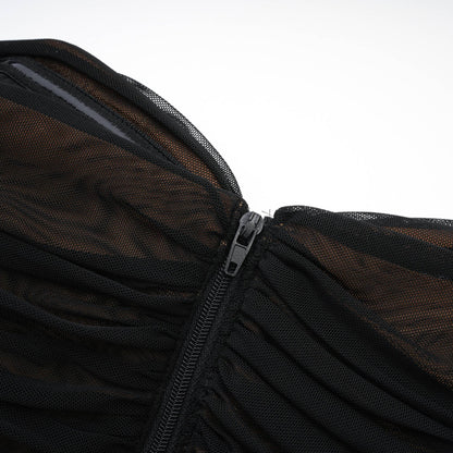 Gwenonwy black ruched mesh top & skirt matching set