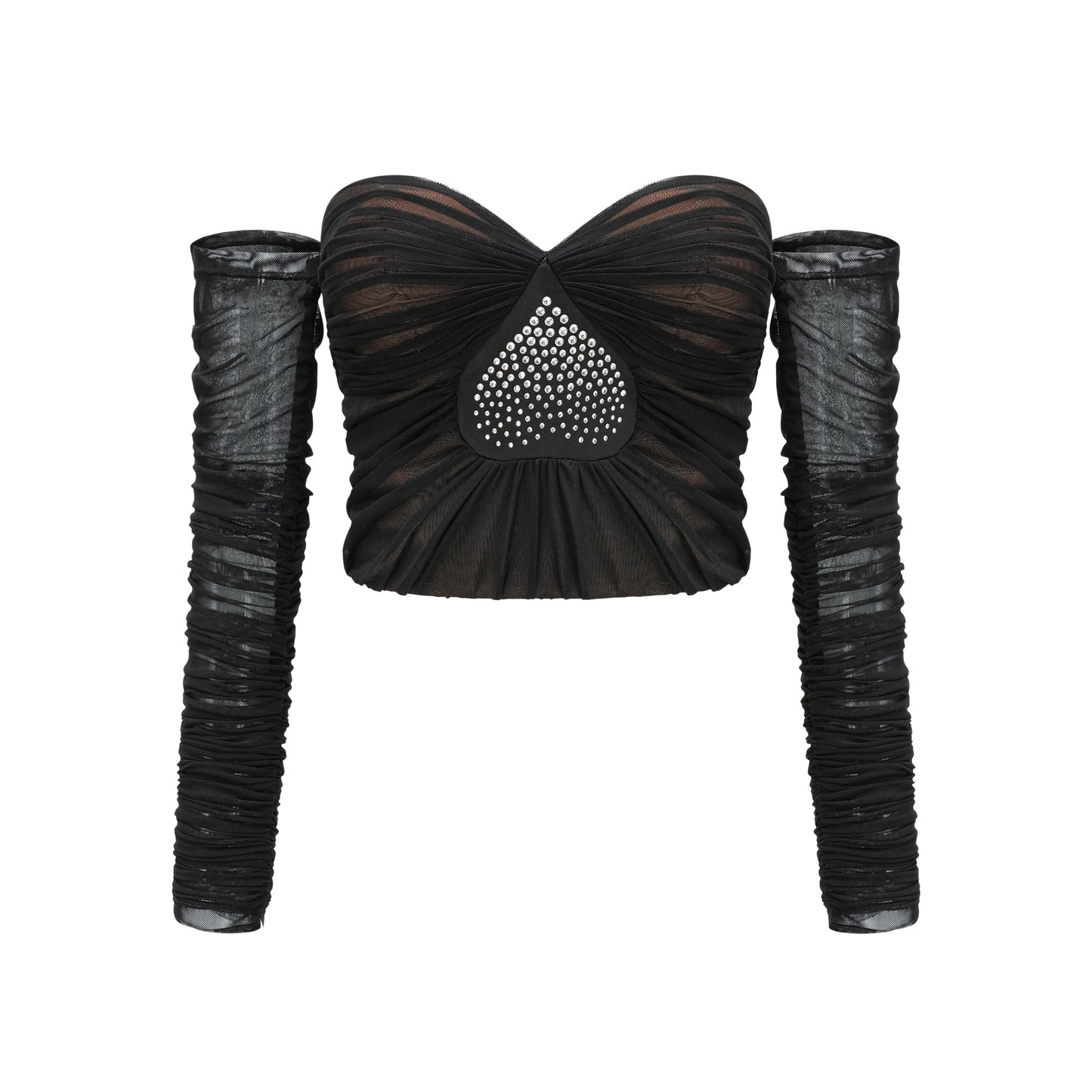 Gwenonwy black ruched mesh top & skirt matching set