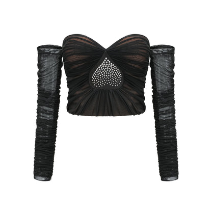 Gwenonwy black ruched mesh top & skirt matching set