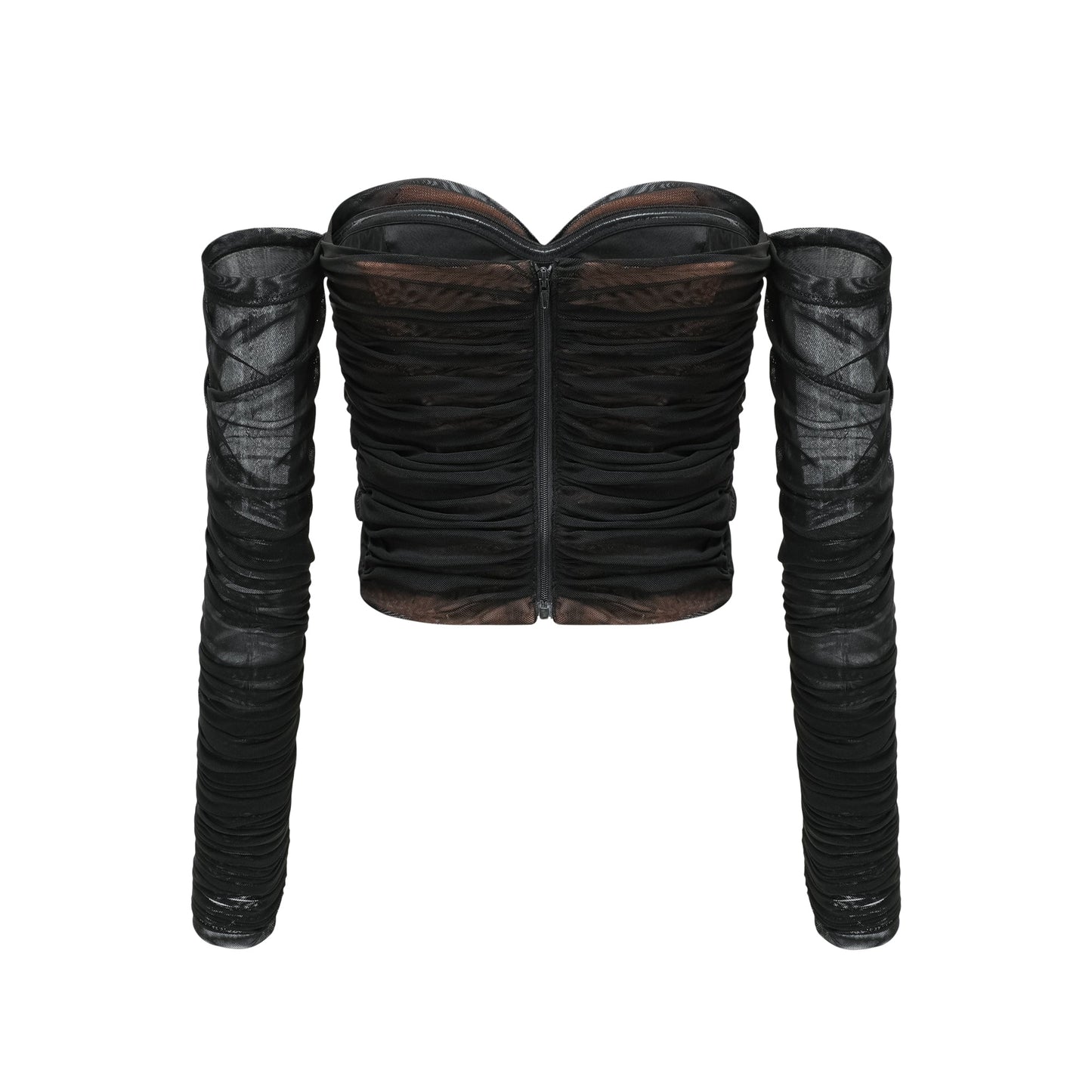 Gwenonwy black ruched mesh top & skirt matching set