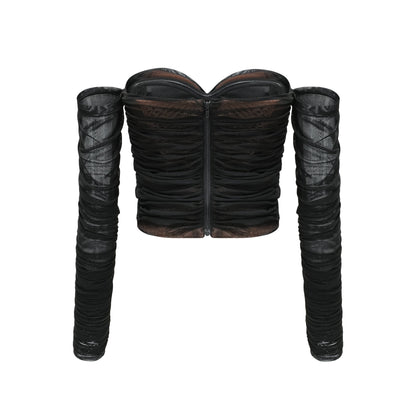 Gwenonwy black ruched mesh top & skirt matching set
