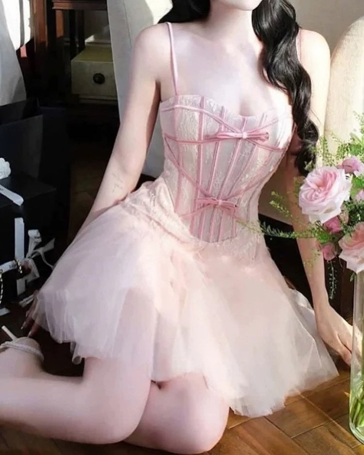 bow Tulle Corset mini Dress in Pink