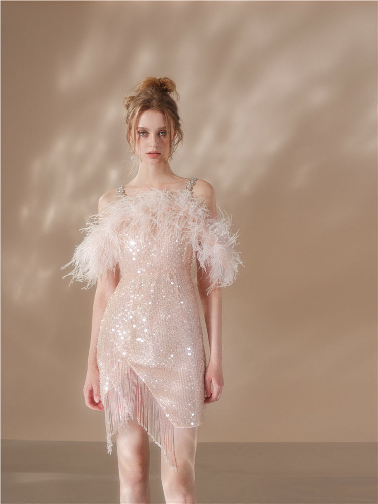 priscilla sequin feather crystal-strap mini dress in pink