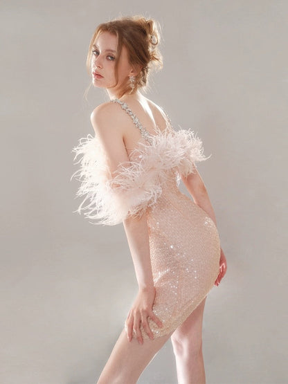 priscilla sequin feather crystal-strap mini dress in pink
