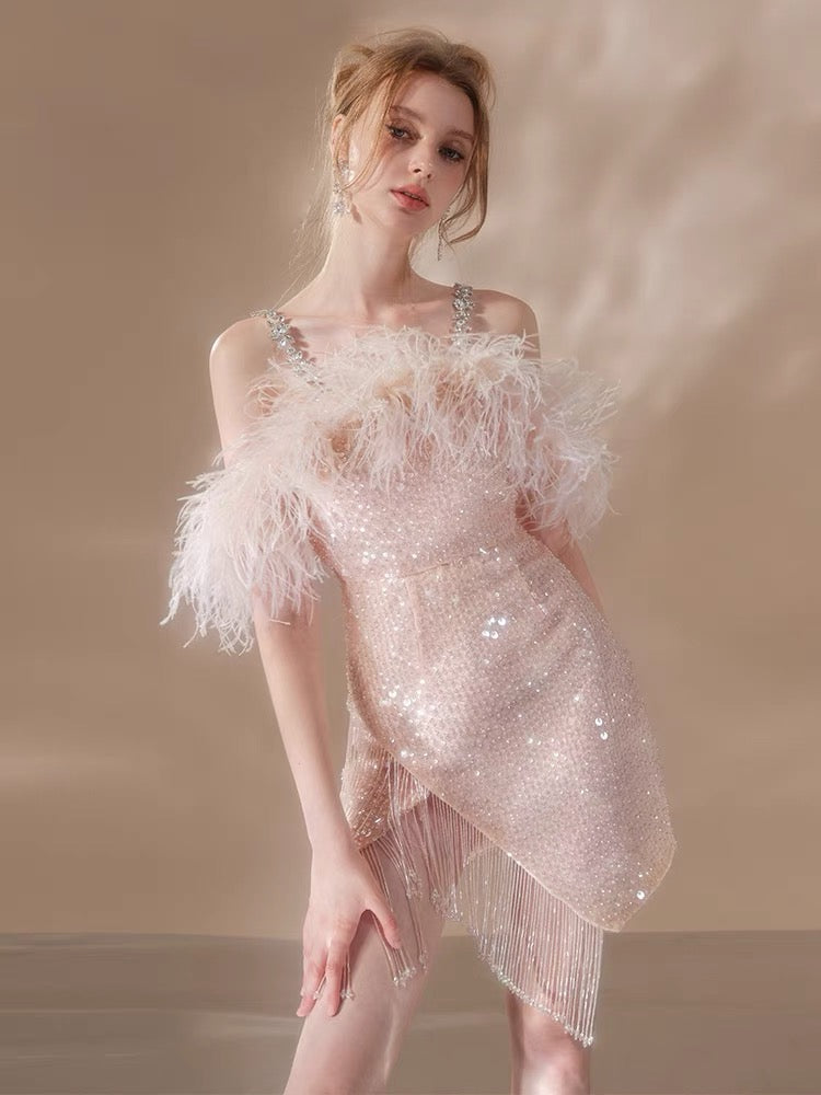 priscilla sequin feather crystal-strap mini dress in pink