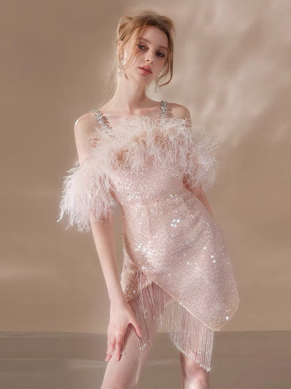 priscilla sequin feather crystal-strap mini dress in pink