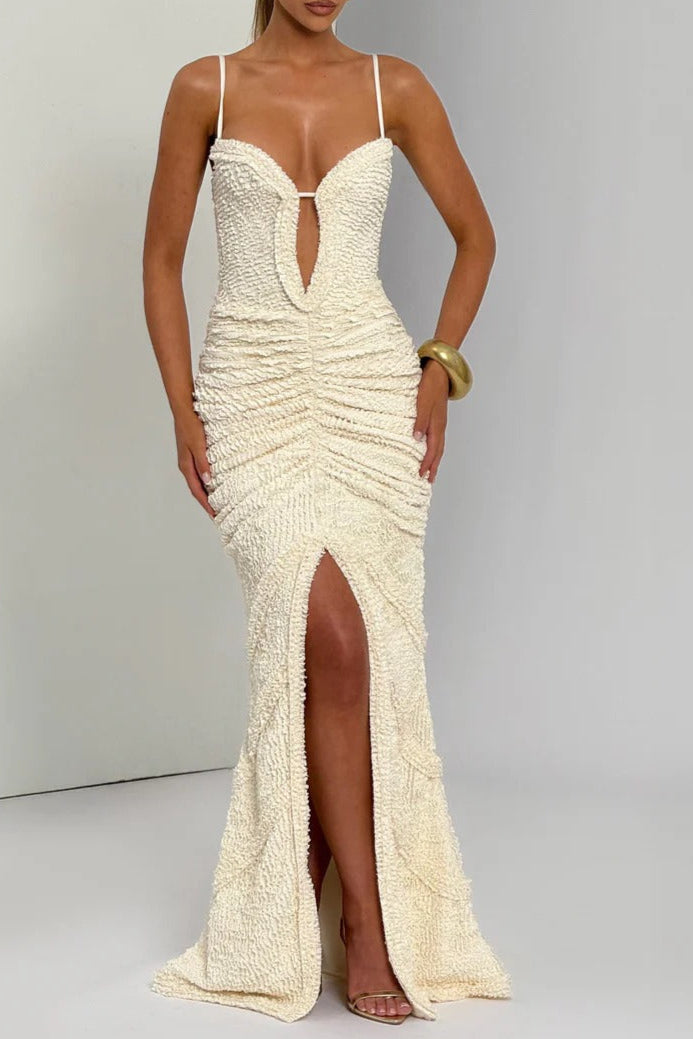slit pleated bodycon maxi dress in kahki