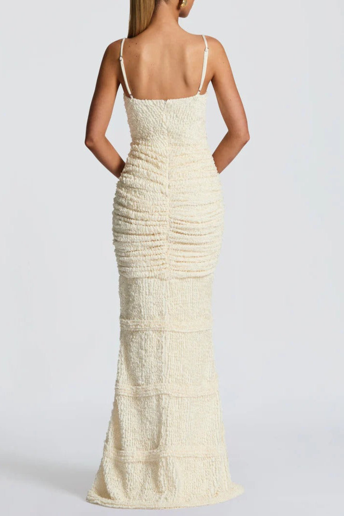 slit pleated bodycon maxi dress in kahki