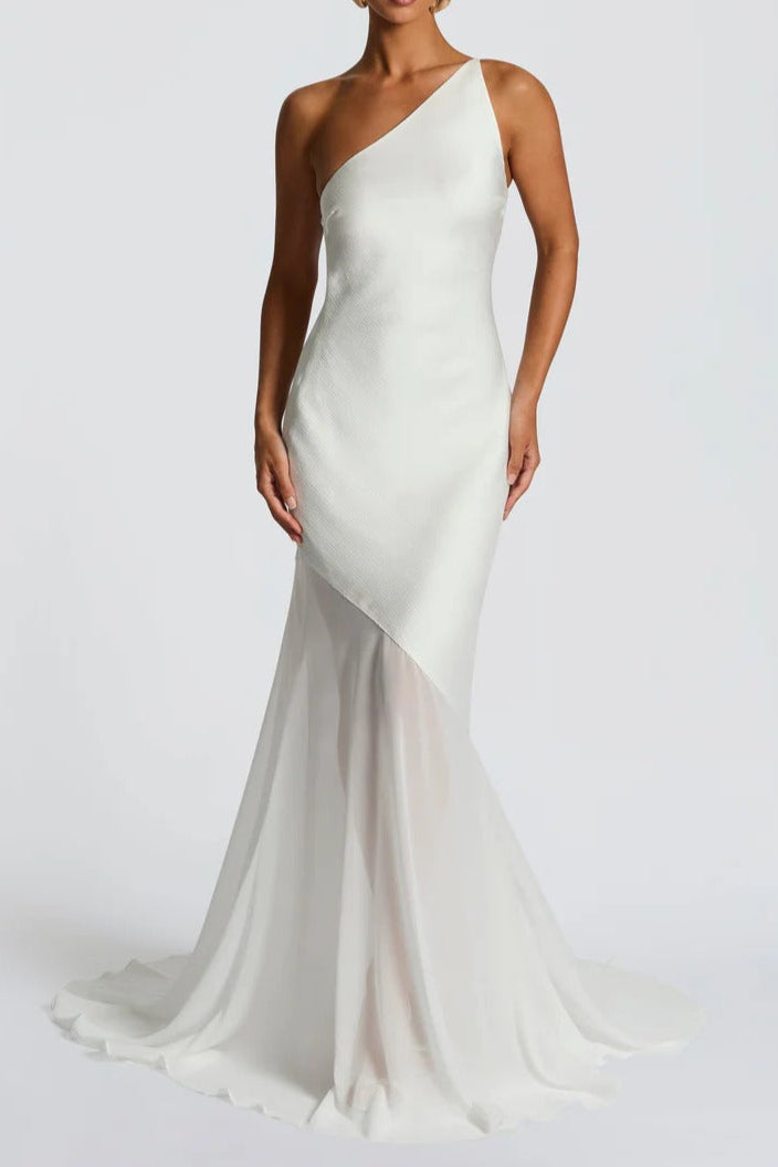 Lace-up beveled back satin maxi dress in ivory