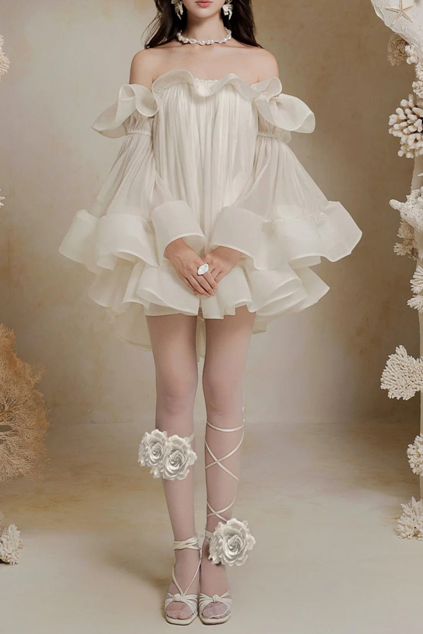 bernice Ruffle Layer Crinkle Chiffon Mini Dress in white