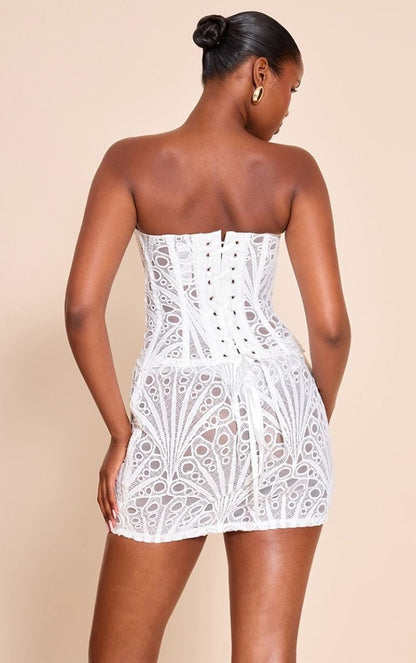 White Textured Floral Lace Mini Skirt