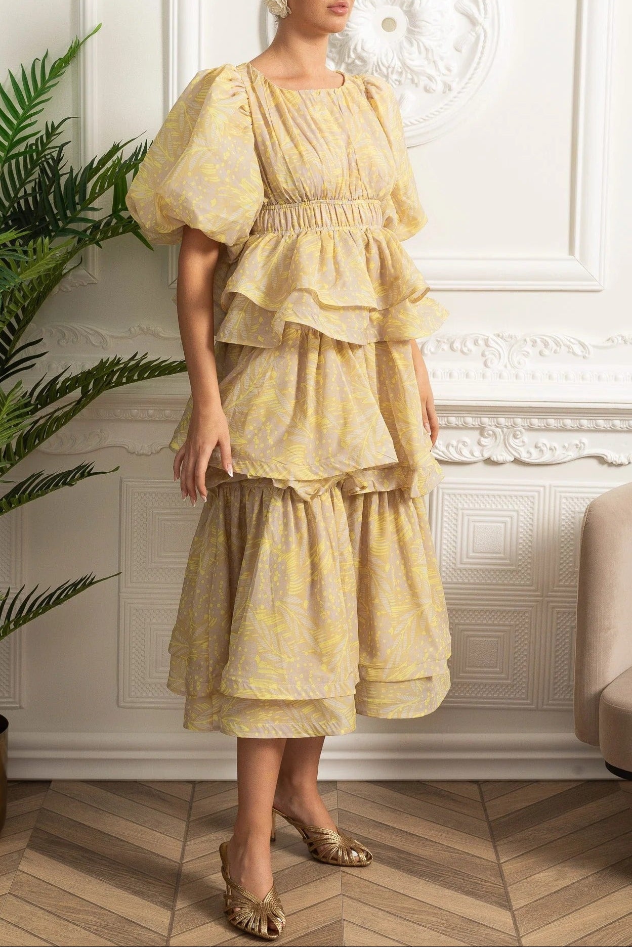 kristin Puff Sleeve Tiered Ruffle Midi Dress - Yellow