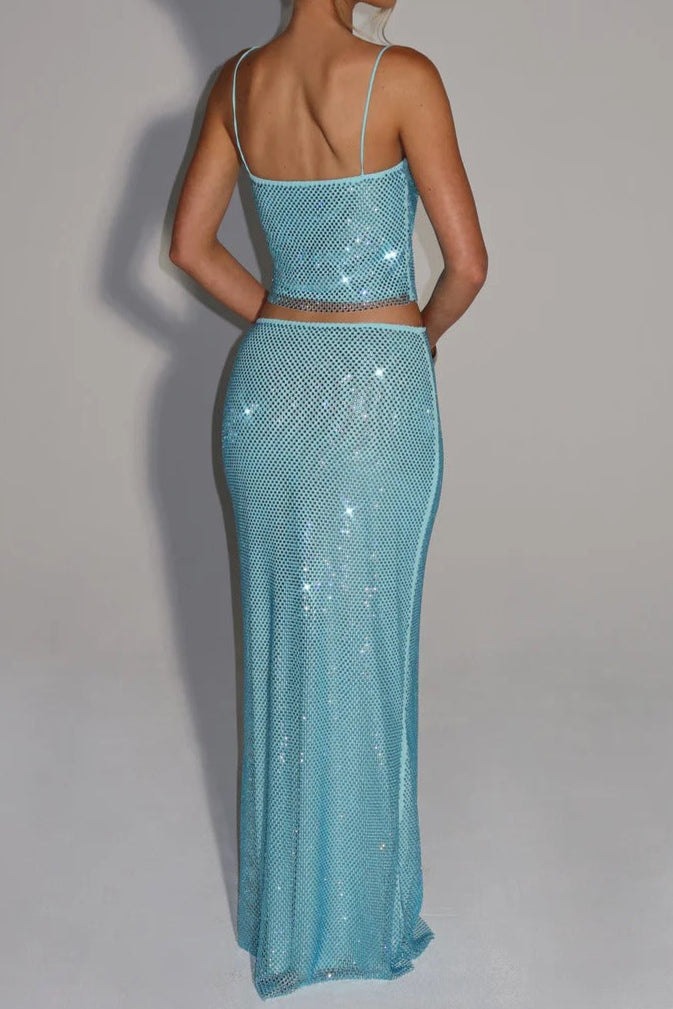 melissa sequin tube top maxi skirt suit in blue