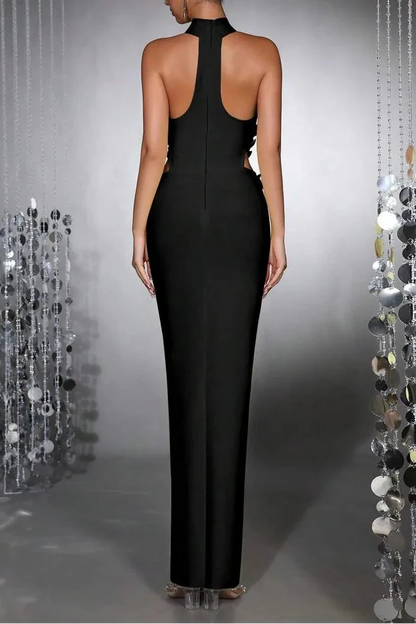 celeste 3d flower halter high slit backless maxi Dress in black