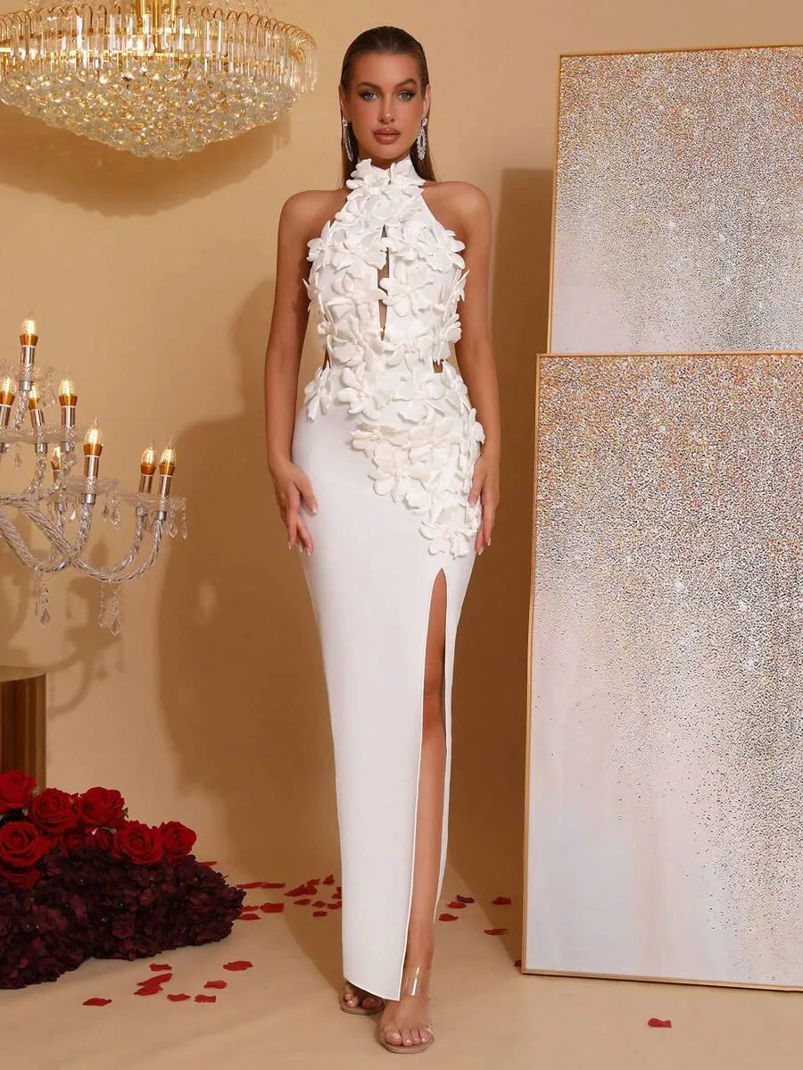 celeste 3d flower halter high slit backless maxi Dress in white