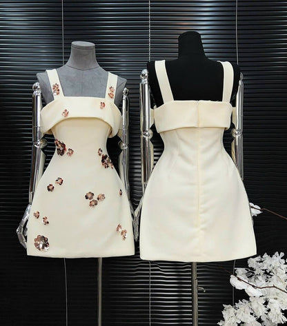 gabrielle sequin rhinestone flower mini dress in white