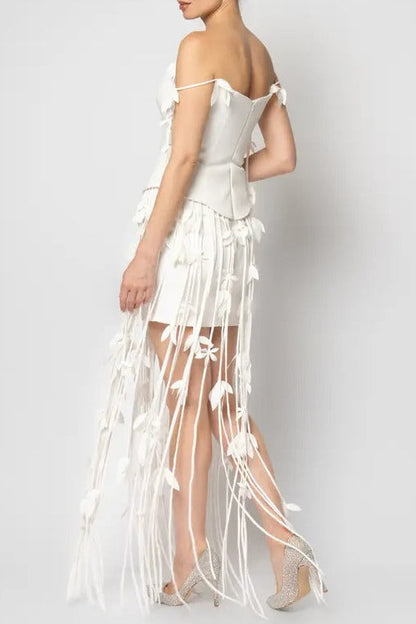 hilary white flower tassel strapless mini dress