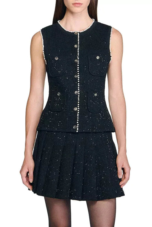 Jody Black Tweed Vest with Pearls embellished