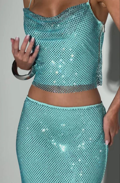 melissa sequin tube top maxi skirt suit in blue