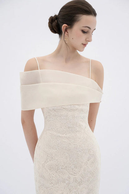 tiffany apricot Sheath off Shoulder Sleeve Lace Maxi Dress