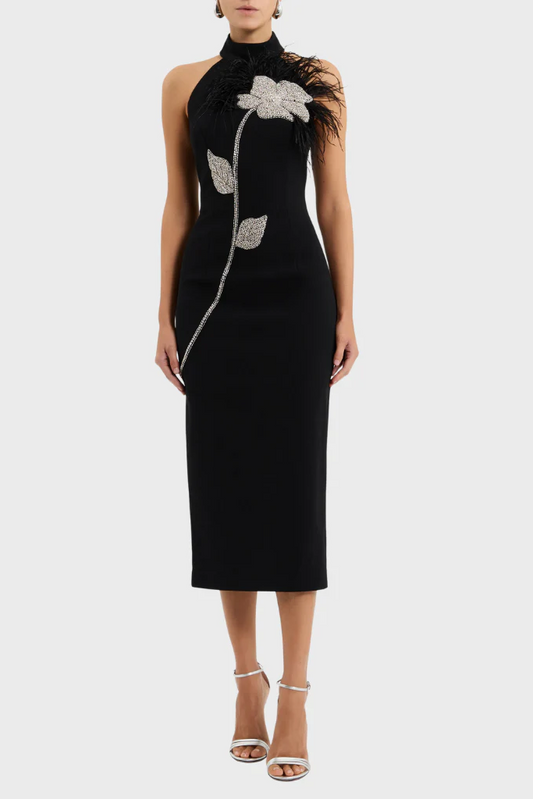 ベアトリスフラワーラインストーンフェザーホルターミディド​​レス（ブラック）