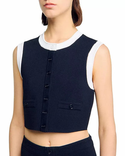 lyuba Two Tone Cropped Sleeveless Cardigan & Knit Skirt