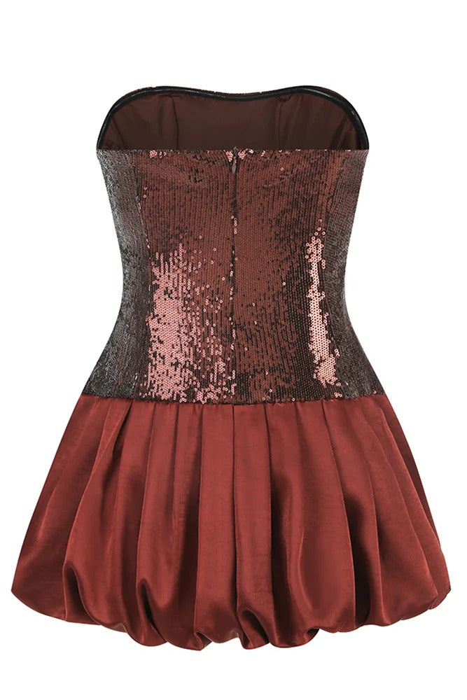 brown strapless bubble dress Retrofete Delfina Strapless Mini Dress