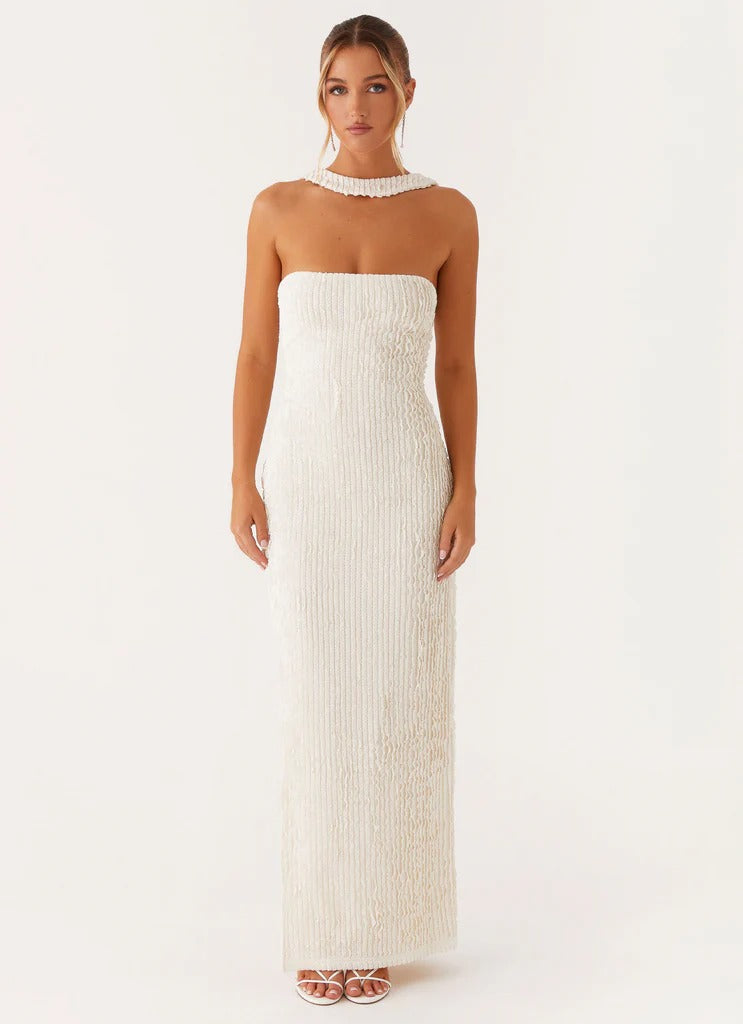 halter strapless slit Maxi Dress in Ivory