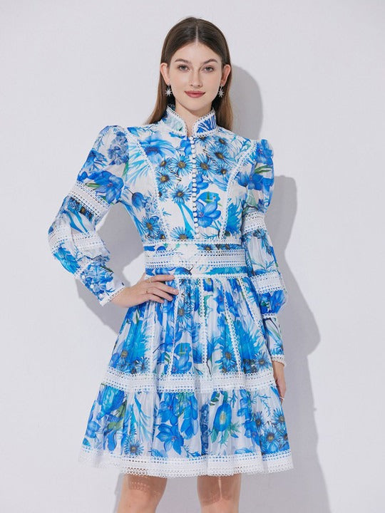 sabrina Lace-paneled printed lantern sleeves mini dress in blue