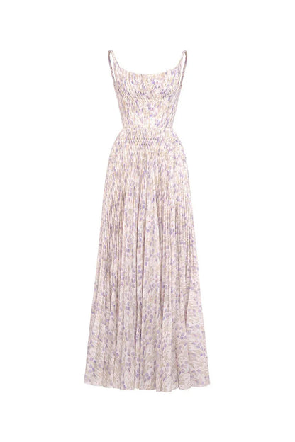 lillian floral print pleated maxi dress in pale purple