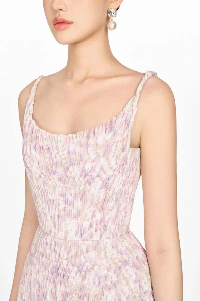 lillian floral print pleated maxi dress in pale purple