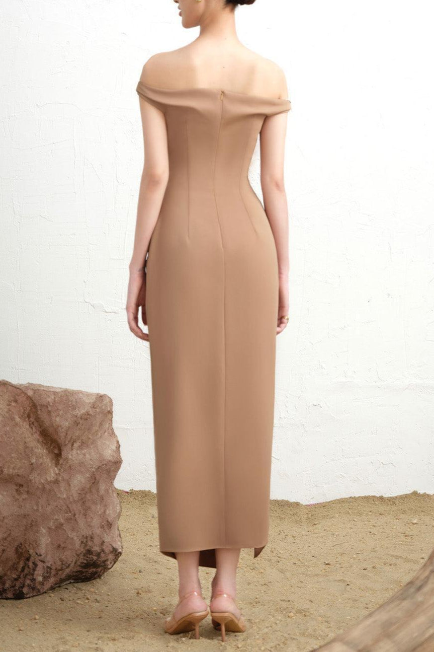 Layla Slit Off-Shoulder Twill Ankle Length Dress