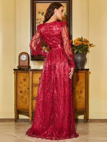 Sequin Fringed Bowknot Prom Dress