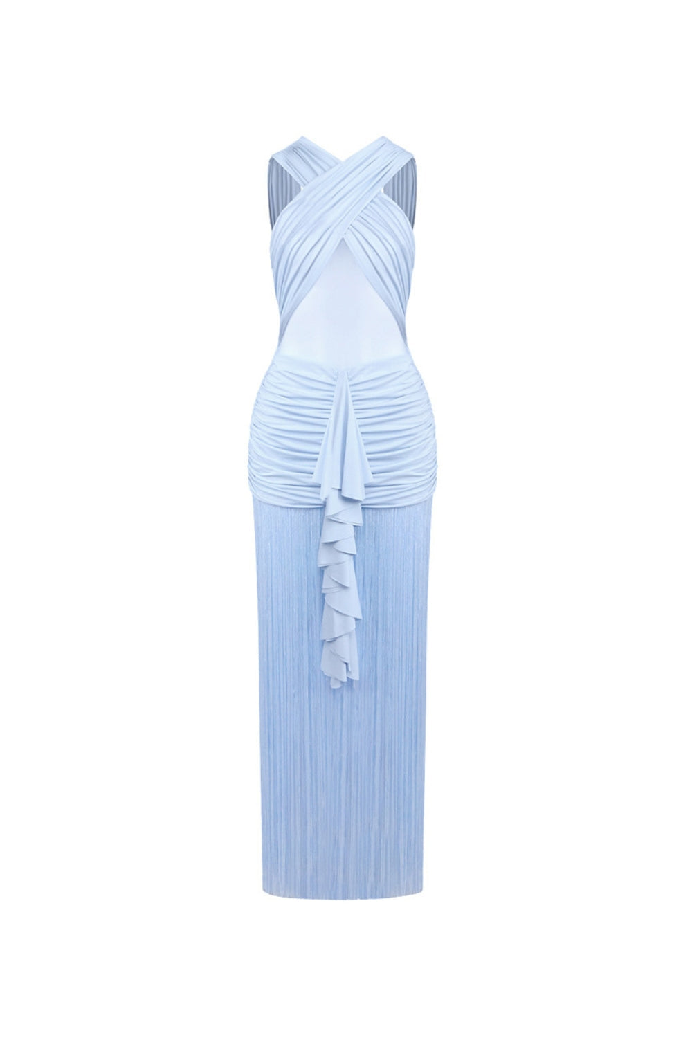 Fringe Mesh Ruched Maxi Dress