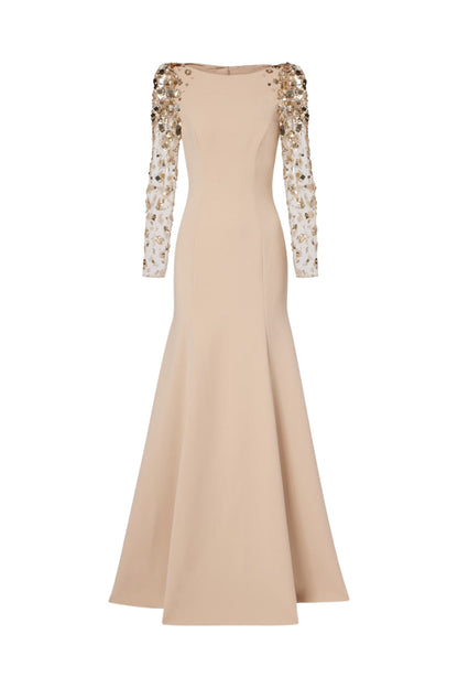 martha Mesh splicing beading diamond maxi dress in apricot