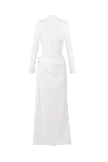 rita Metallic Double Ball Long-Sleeve High-Slit maxi Dress in white