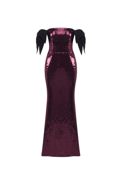 jessie Bow Detail Bardot Sequin Maxi Dress In burgundy