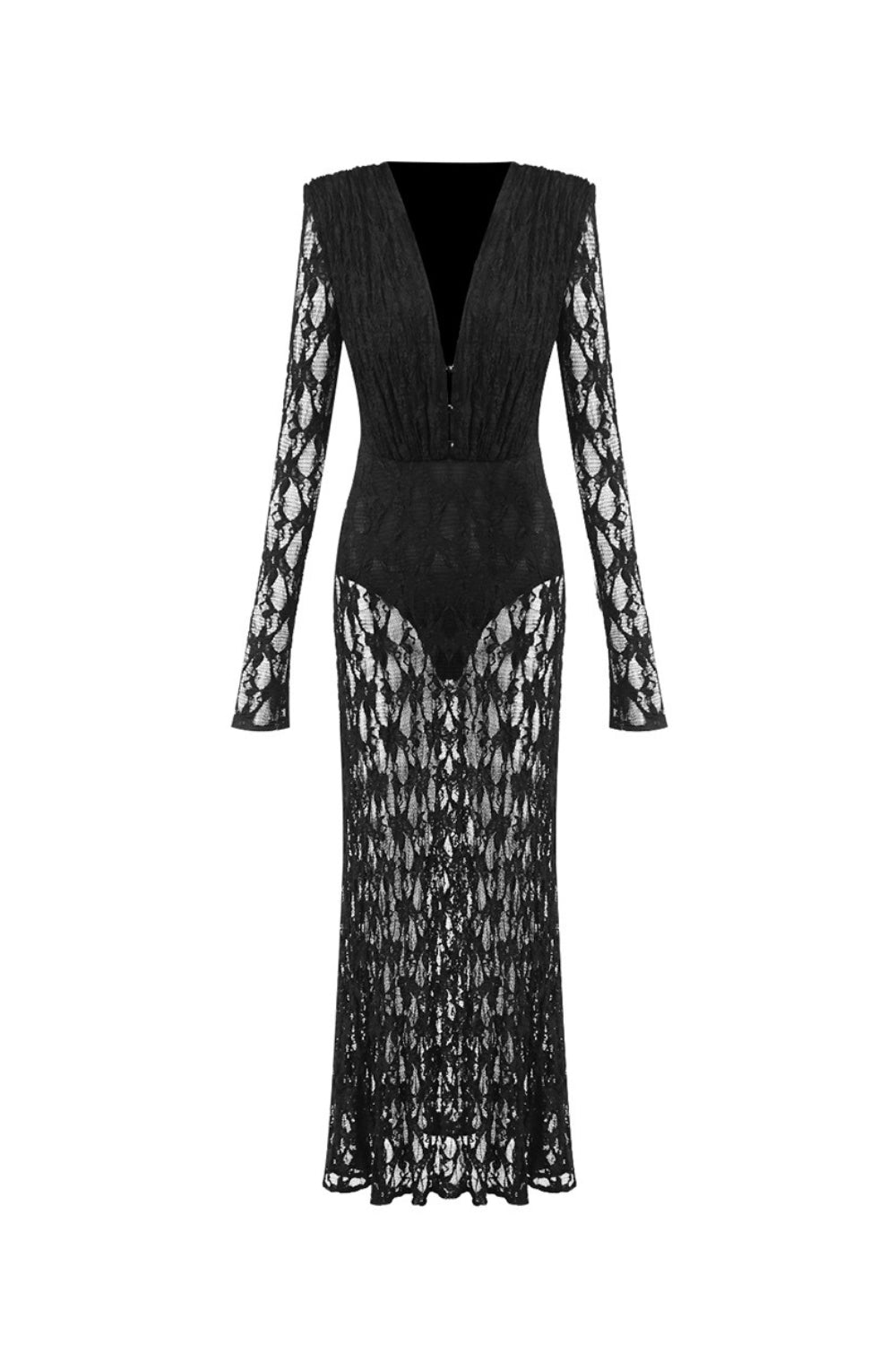 gwendolyn v neck hollow long sleeve lace maxi dress  in black
