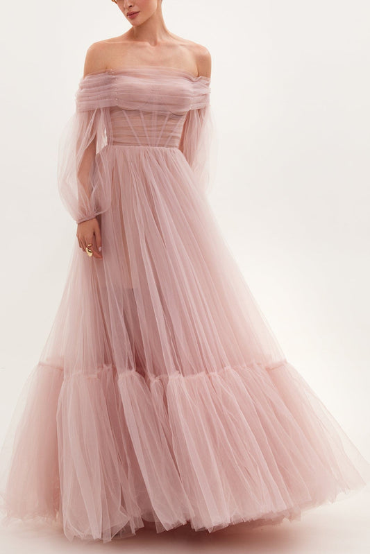 Misty Rose Sheer Sleeves Maxi Tulle Dress