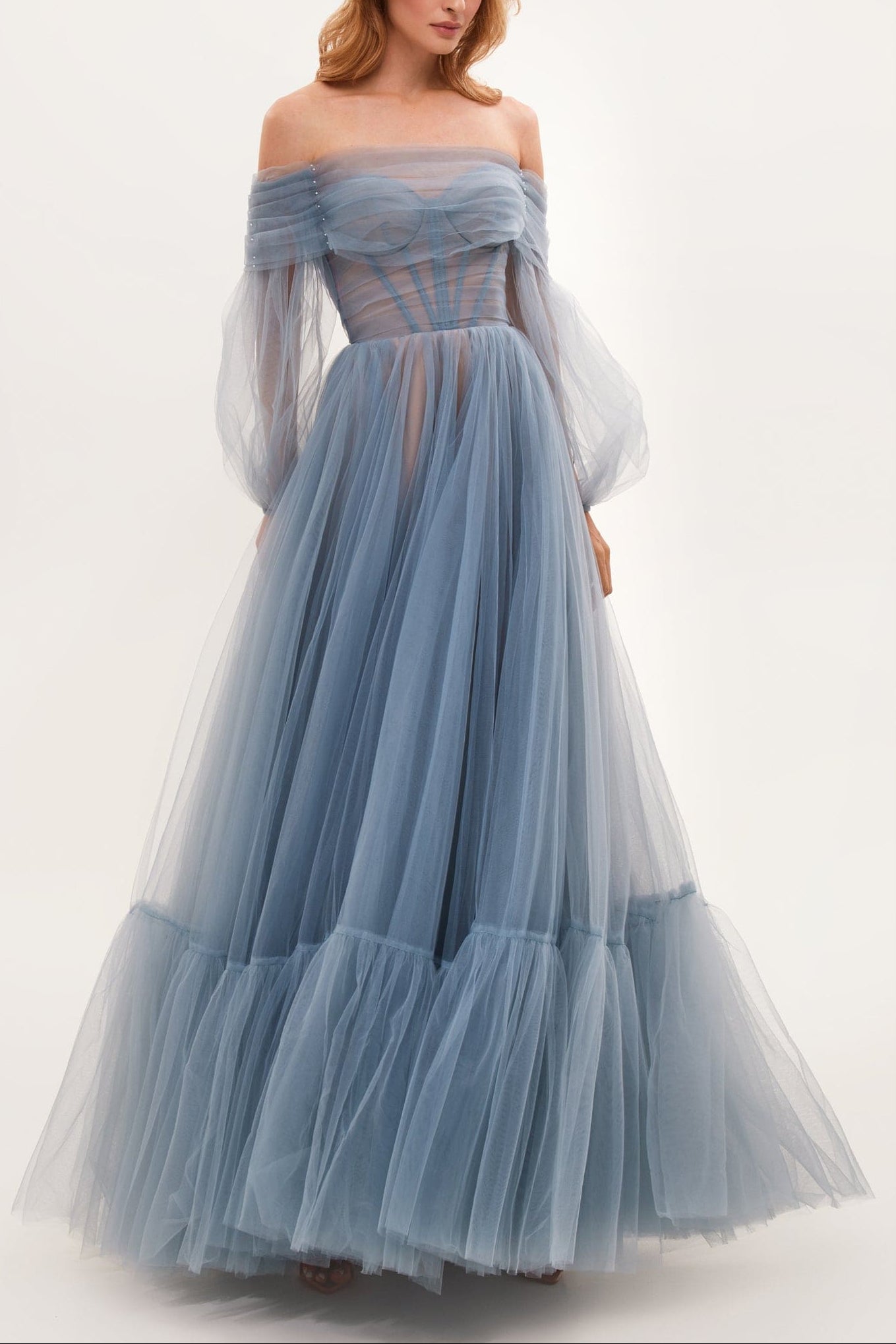 Ocean Wave Sheer Sleeves Maxi Tulle Dress