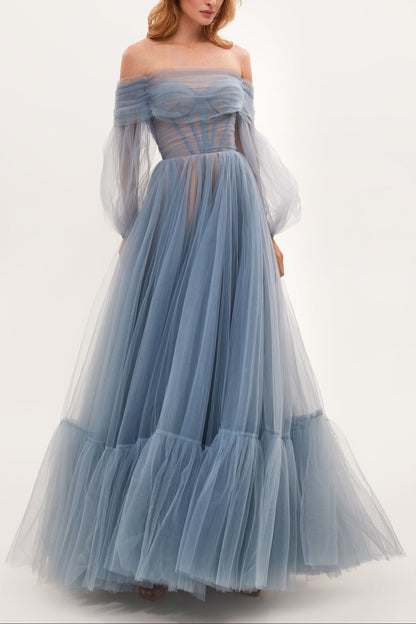Ocean Wave Sheer Sleeves Maxi Tulle Dress