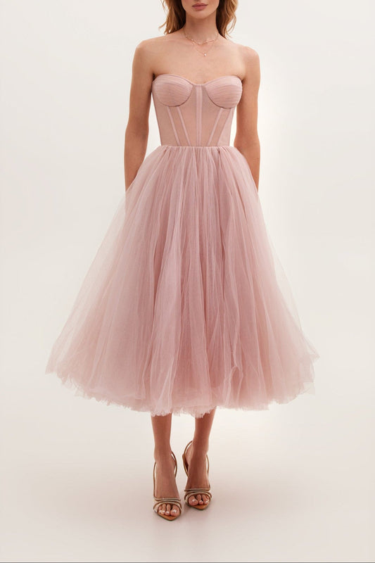 Misty Rose Strapless Puffy Midi Tulle Dress