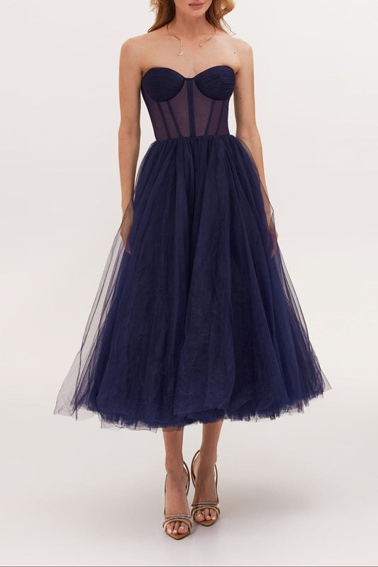 Navy Strapless Puffy Midi Tulle Dress